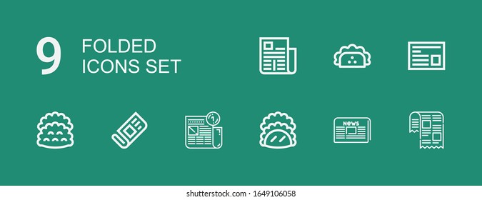 Editable 9 folded icons for web and mobile. Set of folded included icons line Newspaper, Taco, Tacos on green background