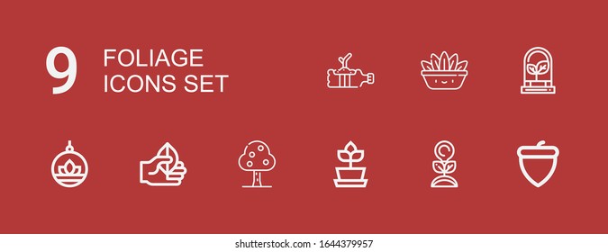 Editable 9 foliage icons for web and mobile. Set of foliage included icons line Acorn, Plant, Fruit tree, Leaf, Fern on red background