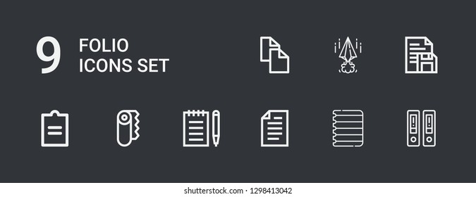 Editable 9 folio icons for web and mobile. Set of folio included icons line Documentation, Paper, Notepad, Document, Papers, Copy on dark background