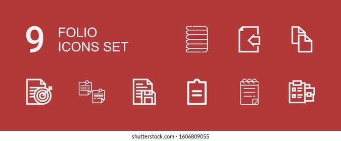 Editable 9 folio icons for web and mobile. Set of folio included icons line Notepad, Document, Copy, Paper on red background
