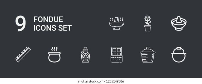 Editable 9 fondue icons for web and mobile. Set of fondue included icons line Pot, Chocolate, Hot pot on dark background