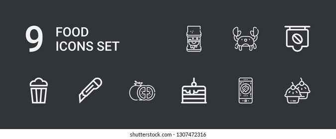 Editable 9 food icons for web and mobile. Set of food included icons line Cupcake, Charity, Cake, Tomato, Cutter, Popcorn, Coffee, Crab, Sandwich on dark background