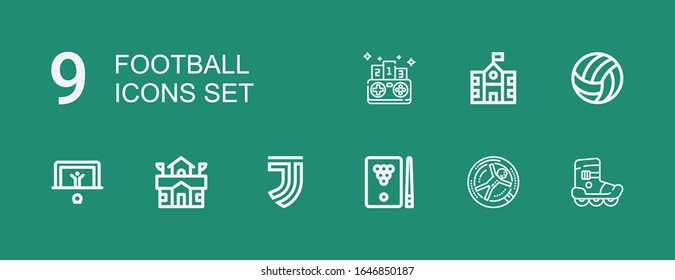 Editable 9 football icons for web and mobile. Set of football included icons line Roller skate, Zorbing, Billiard, Juventus, School, Penalty, Volleyball, Competition on green background