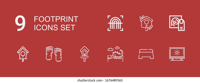 Editable 9 footprint icons for web and mobile. Set of footprint included icons line Tracing, Step, Dinosaur, Bird house, Barefoot, Fingerprint on red background