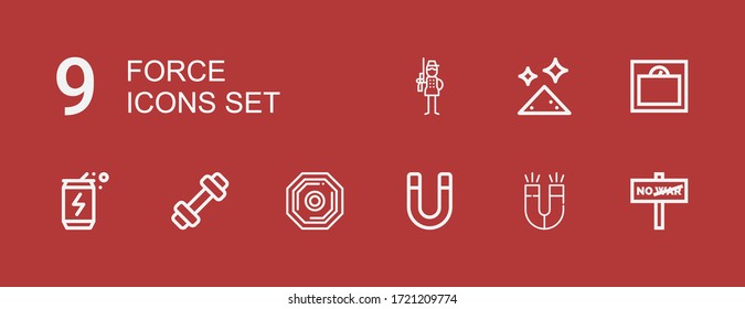 Editable 9 force icons for web and mobile. Set of force included icons line War, Magnet, Weight, Energy drink, Dust, Soldier on red background