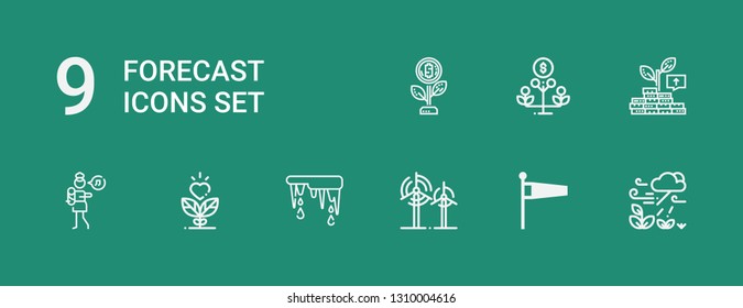 Editable 9 forecast icons for web and mobile. Set of forecast included icons line Growth, Windsock, Wind, Thaw, Lullaby on green background