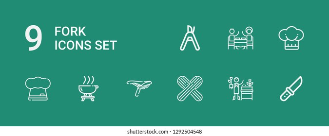 Editable 9 fork icons for web and mobile. Set of fork included icons line Knife, Gardener, Wooden spoon, Saddle, Barbecue, Chef, Restaurant, Pruning shears on green background