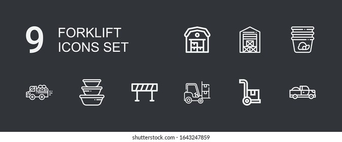 Editable 9 forklift icons for web and mobile. Set of forklift included icons line Pick up, Cargo, Forklift, Barricade, Container, Warehouse on dark background