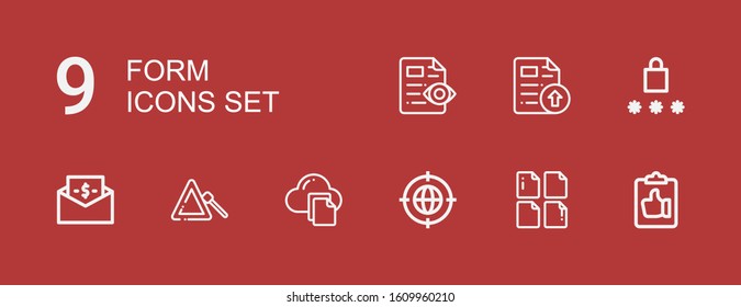 Editable 9 form icons for web and mobile. Set of form included icons line Clipboard, File, Earth grid, Triangle, Bill, Password on red background