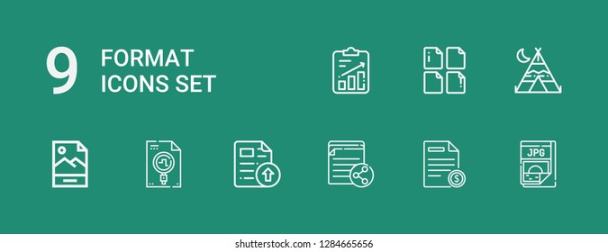 Editable 9 format icons for web and mobile. Set of format included icons line Jpg, File, Tipi on green background