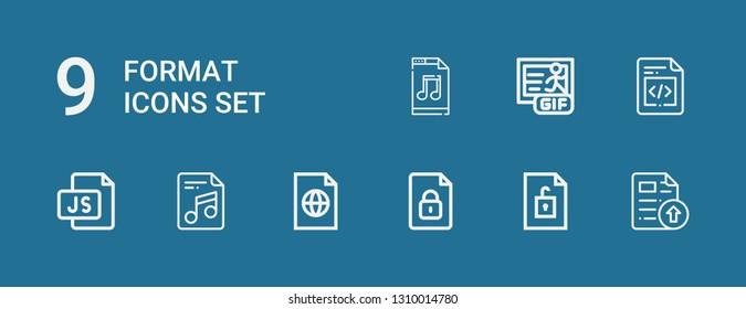 Editable 9 format icons for web and mobile. Set of format included icons line File, Js, Gif, Music file on blue background