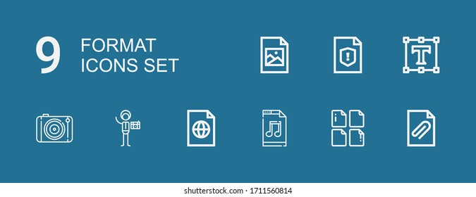 Editable 9 format icons for web and mobile. Set of format included icons line File, Music file, Photography, Text editor, Jpeg on blue background
