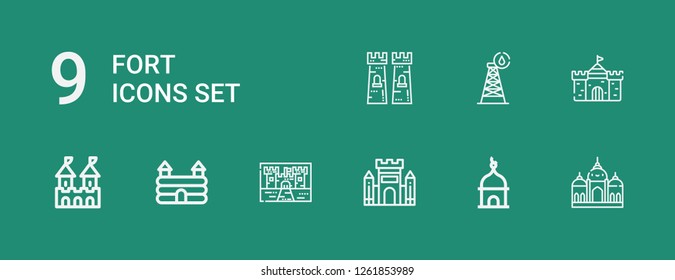 Editable 9 fort icons for web and mobile. Set of fort included icons line Badshahi mosque, Tower, Castle, Fortress on green background