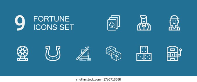 Editable 9 fortune icons for web and mobile. Set of fortune included icons line Slot machine, Dice, Dices, Magic, Horseshoe, Roulette, Checker, Croupier, Playing cards on blue background