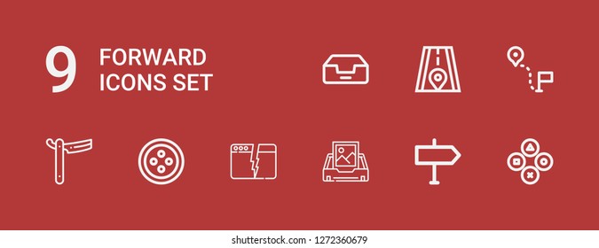 Editable 9 forward icons for web and mobile. Set of forward included icons line Buttons, Direction, Inbox, Split, Button, Straight, Road on red background