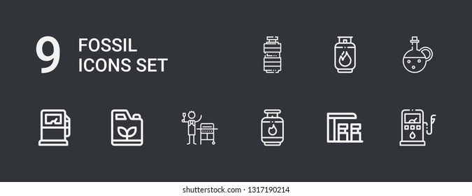 Editable 9 fossil icons for web and mobile. Set of fossil included icons line Gas station, Gas, Gasoline, Gas pump, Oil on dark background