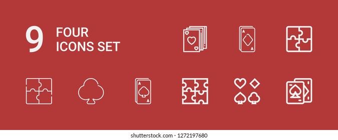 Editable 9 four icons for web and mobile. Set of four included icons line Playing cards, Poker, Puzzle, Ace, Clover on red background
