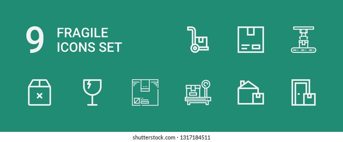 Editable 9 fragile icons for web and mobile. Set of fragile included icons line Box, Fragile, Cardboard, Cargo on green background