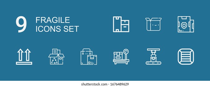 Editable 9 fragile icons for web and mobile. Set of fragile included icons line Boxes, Box, Recycling box, Side up, Parcel on blue background