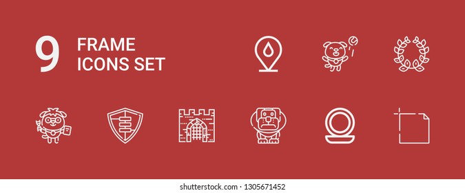 Editable 9 frame icons for web and mobile. Set of frame included icons line Art, Mirror, Dog, Gate, Shield, Laurel, Placeholder on red background