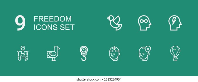 Editable 9 freedom icons for web and mobile. Set of freedom included icons line Hot air balloon, Mind, Scale, Seagulls, Slavery, Dove on green background