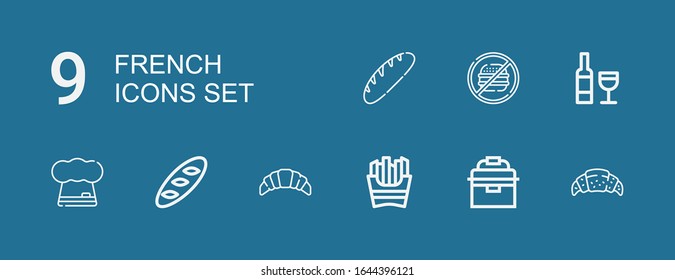 Editable 9 french icons for web and mobile. Set of french included icons line Croissant, Portable fridge, French fries, Bread, Chef, Wine, Junk food on blue background