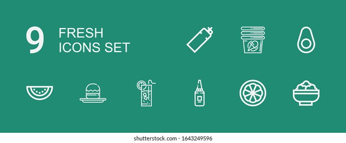 Editable 9 fresh icons for web and mobile. Set of fresh included icons line Salad, Orange, Mayonnaise, Lemonade, Profiterole, Watermelon, Avocado, Cup, Bottle on green background
