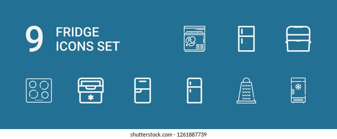 Editable 9 fridge icons for web and mobile. Set of fridge included icons line Freezer, Grater, Fridge, Hob, Ice box on blue background