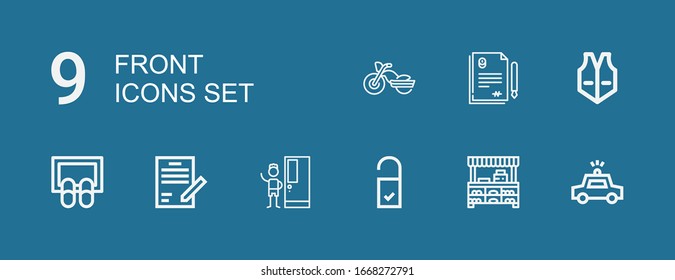 Editable 9 front icons for web and mobile. Set of front included icons line Police car, Store, Doorknob, Door, Contract, Doormat, Vest, Motorbike on blue background