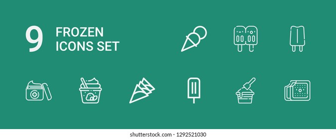 Editable 9 frozen icons for web and mobile. Set of frozen included icons line Ice cream, Cream, Popsicle on green background