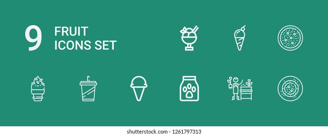Editable 9 fruit icons for web and mobile. Set of fruit included icons line Vegan food, Gardener, Food, Ice cream, Beverage, Salad on green background
