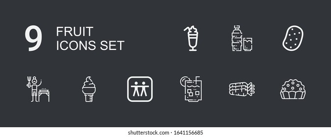 Editable 9 fruit icons for web and mobile. Set of fruit included icons line Pie, Carrots, Lemon juice, Apple, Ice cream, Gardener, Potato, Drink, Smoothie on dark background