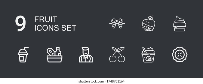 Editable 9 fruit icons for web and mobile. Set of fruit included icons line Pie, Ice cream, Cherry, Croupier, Food, Smoothie, Cupcake, Apple, Carrot on dark background