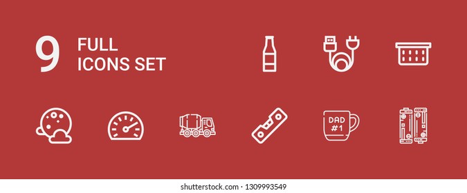 Editable 9 full icons for web and mobile. Set of full included icons line Battery, Mug, Level, Concrete mixer, Speedometer, Full moon, Laundry basket, Charge on red background