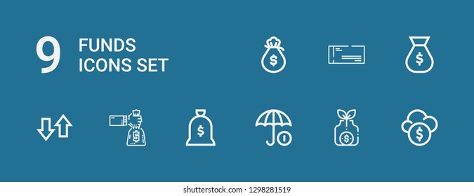 Editable 9 funds icons for web and mobile. Set of funds included icons line Funds, Money bag, Transfer, Cheque on blue background