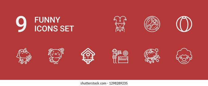 Editable 9 funny icons for web and mobile. Set of funny included icons line Clown, Unicorn, Water gun, Bird house, Kitty, Beach ball, Zorbing, Jester on red background