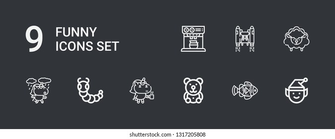 Editable 9 funny icons for web and mobile. Set of funny included icons line Elf, Clown fish, Teddy bear, Unicorn, Caterpillar, Sheep, Jetpack, Expresso on dark background