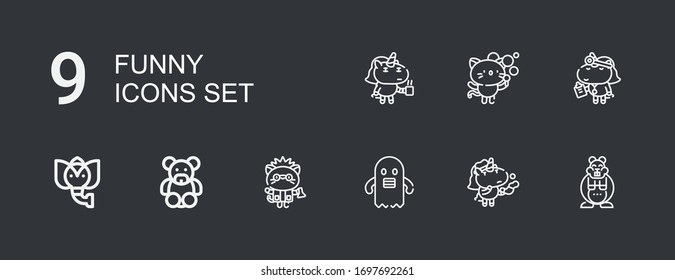 Editable 9 funny icons for web and mobile. Set of funny included icons line Hamster, Unicorn, Ghost, Kitty, Teddy bear, Elephant on dark background