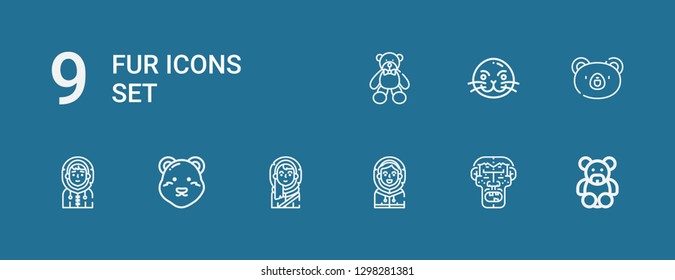 Editable 9 fur icons for web and mobile. Set of fur included icons line Teddy bear, Caveman, Eskimo, Polar bear, Bear, Sea lion on blue background