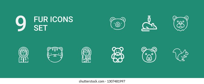 Editable 9 fur icons for web and mobile. Set of fur included icons line Squirrel, Bear, Teddy bear, Eskimo, Tiger, Rat on green background