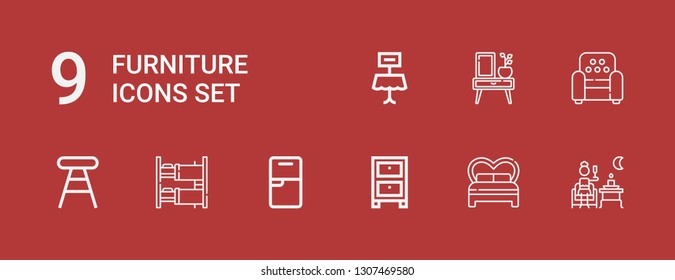 Editable 9 furniture icons for web and mobile. Set of furniture included icons line Terrace, Bed, Cabinet, Fridge, Bunk bed, Stool, Armchair, Night stand, Table on red background