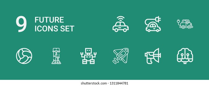 Editable 9 future icons for web and mobile. Set of future included icons line Artificial intelligence, Parabolic, Rocket, Robot, Robotics, Ball, Electric car on green background