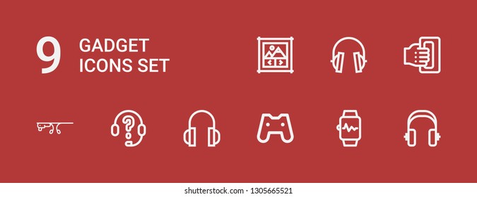 Editable 9 gadget icons for web and mobile. Set of gadget included icons line Headphones, Smartwatch, Gamepad, Smart glasses, Handheld, Image gallery on red background