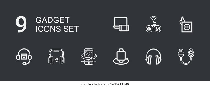 Editable 9 gadget icons for web and mobile. Set of gadget included icons line Plug, Headphones, Smartwatch, Tilt, Headphone, Game, Electronics on dark background