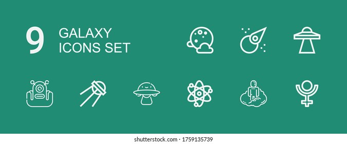 Editable 9 galaxy icons for web and mobile. Set of galaxy included icons line Pluto, Astral, Solar system, Ovni, Sputnik, Alien, Ufo, Asteroid, Full moon on green background