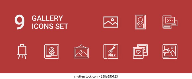 Editable 9 gallery icons for web and mobile. Set of gallery included icons line Image, Picture, Album, Frame, Canvas on red background