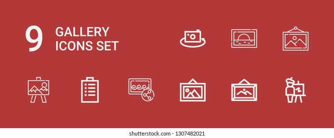 Editable 9 gallery icons for web and mobile. Set of gallery included icons line Easel, Frame, Picture, Image, Padnote, Canvas on red background