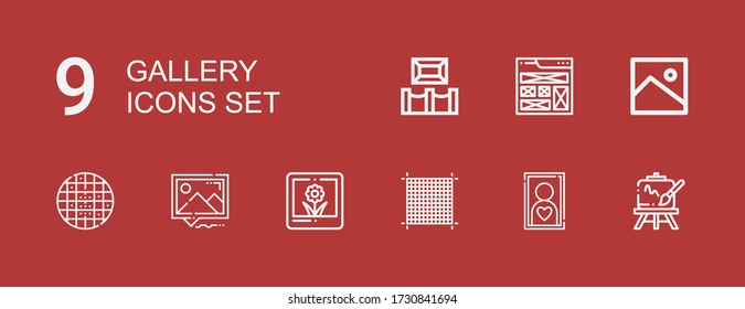 Editable 9 gallery icons for web and mobile. Set of gallery included icons line Easel, Frame, Grid, Picture, Image, Museum on red background