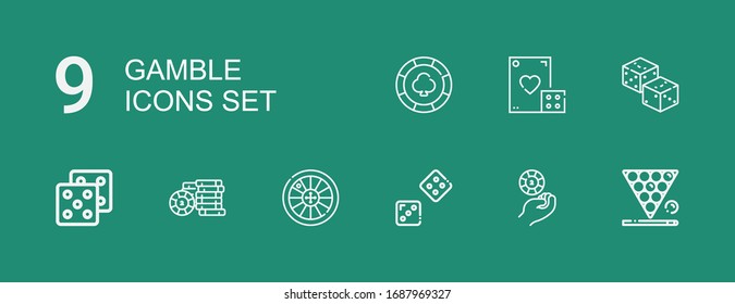 Editable 9 gamble icons for web and mobile. Set of gamble included icons line Snooker, Casino chip, Dice, Roulette, Dices on green background