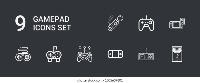 Editable 9 gamepad icons for web and mobile. Set of gamepad included icons line Game, Gamepad, Controller on dark background